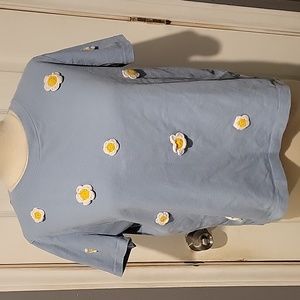 Zara Blue Short Sleeve Tee with Floral Embroidery